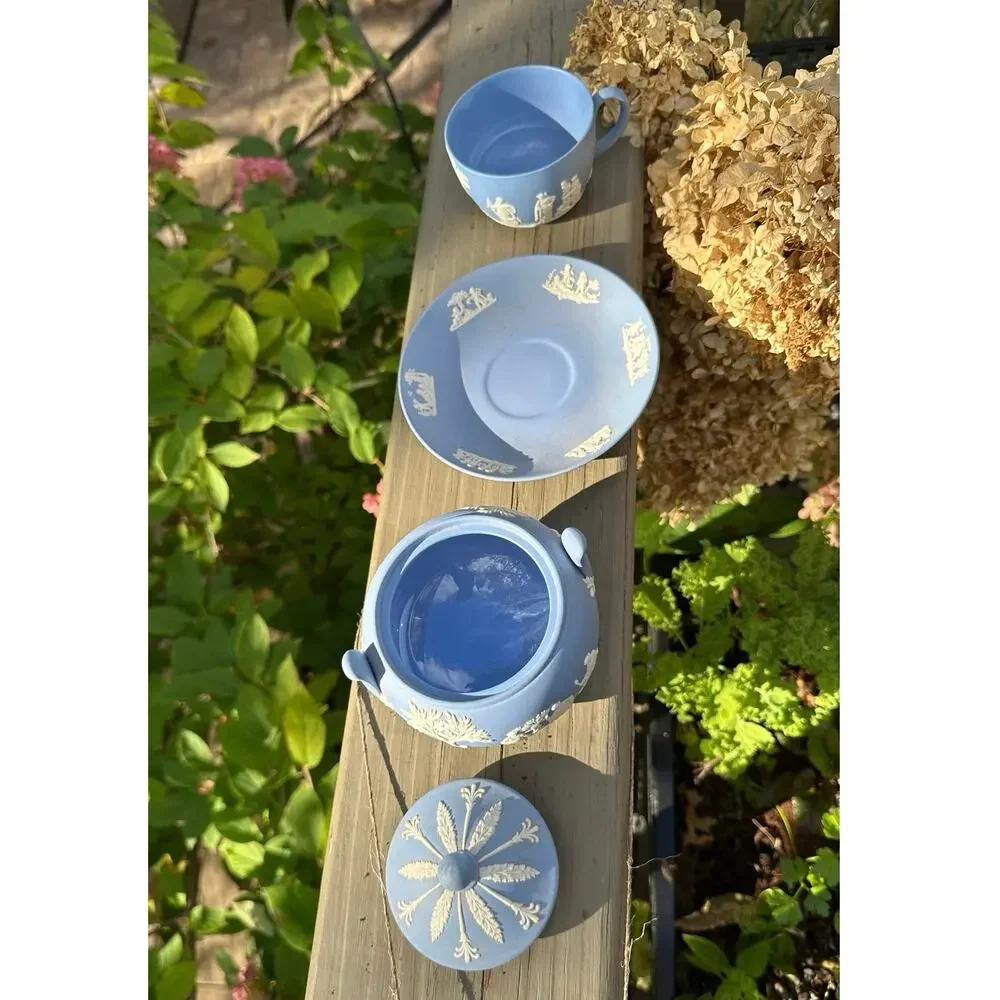 Wedgwood Jasperware tea set-teacup, saucer, sugar bowl England 1957 blue white